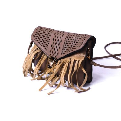 Women Fringe Crossbody Bag – Laser Cut Flap – Brown