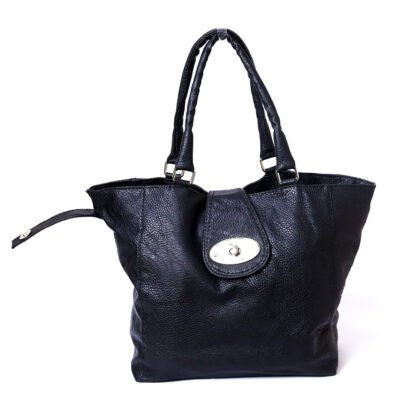 Black Faux Leather Women’s Shoulder Tote Bag with Turn-Lock Closure