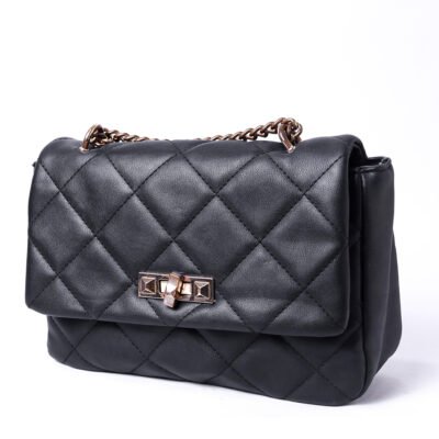 Women’s Quilted Shoulder Bag with Chain Strap – Black