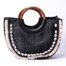 Black Straw Shell Detail Handbag
