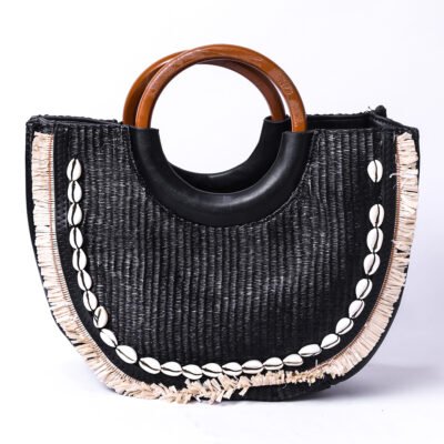 Black Straw Shell Detail Handbag