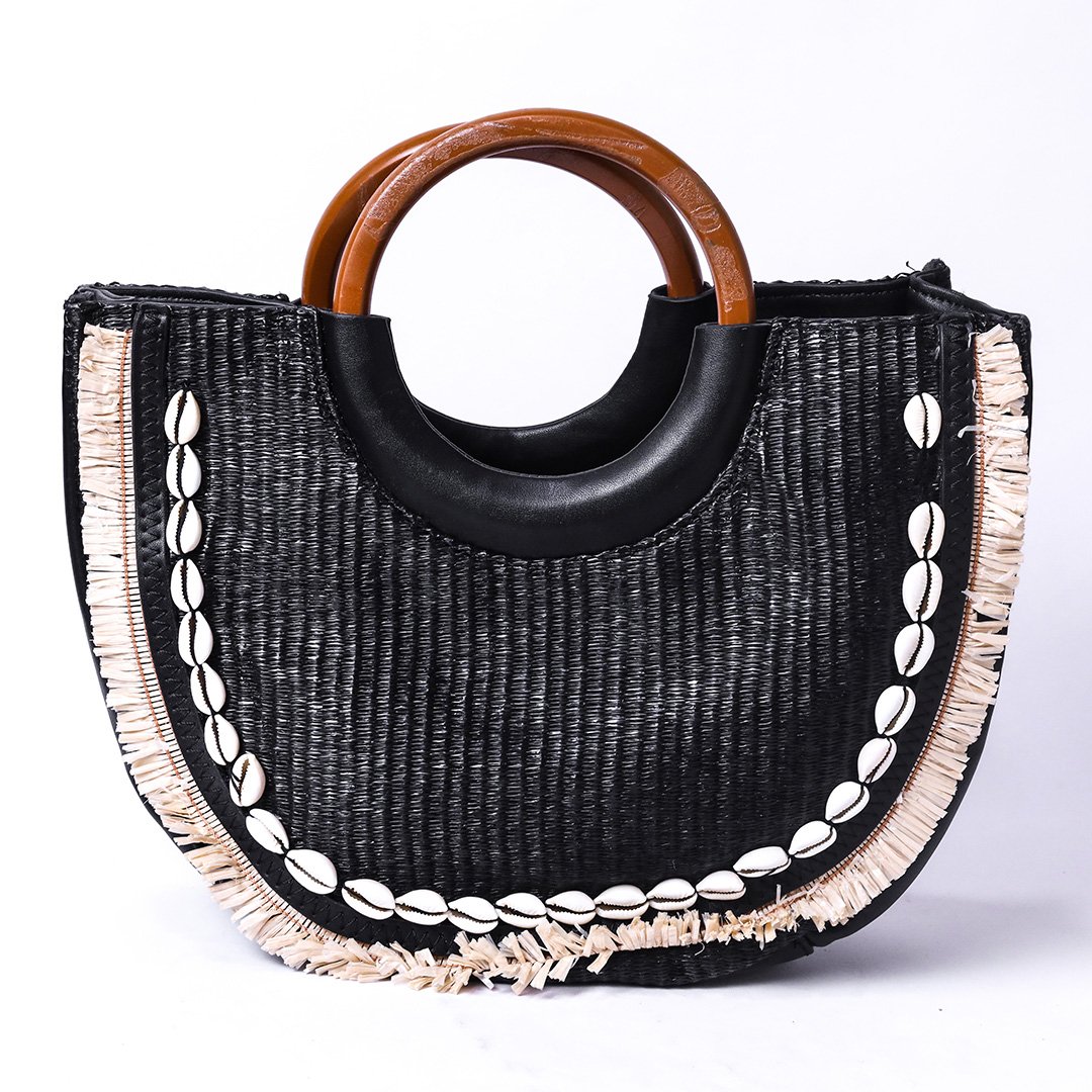 Black Straw Shell Detail Handbag