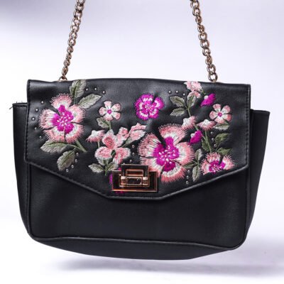 Black Floral Embroidered Chain Bag