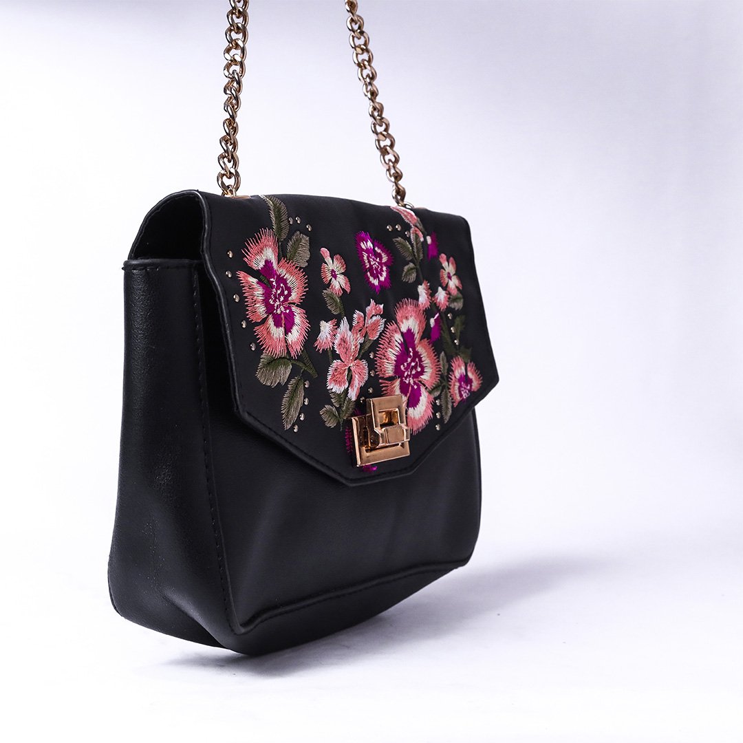 Black Floral Embroidered Chain Bag - Image 2