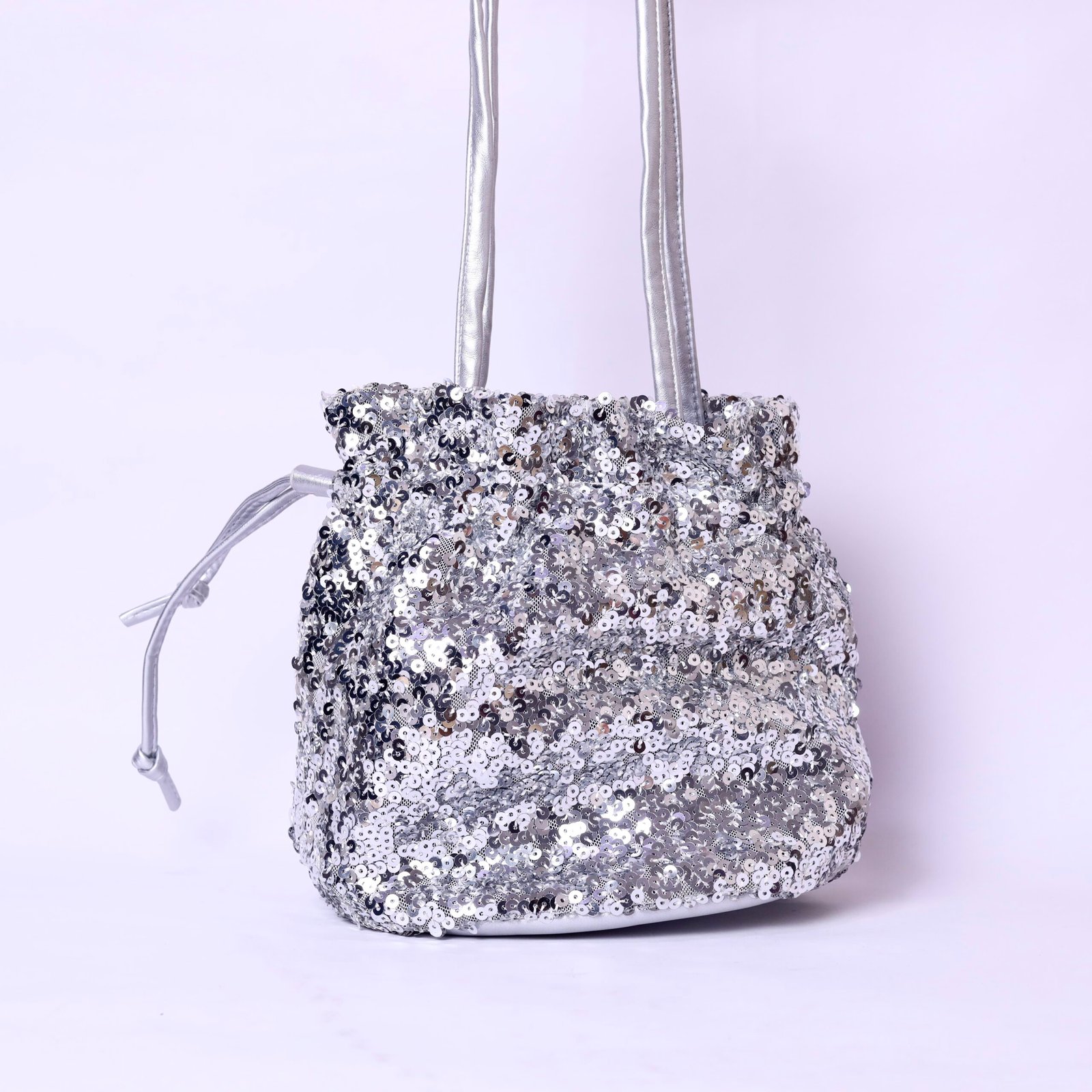 Silver Sequin Mini Bucket Bag