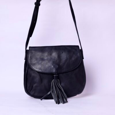 Black Leather Tassel Crossbody Bag