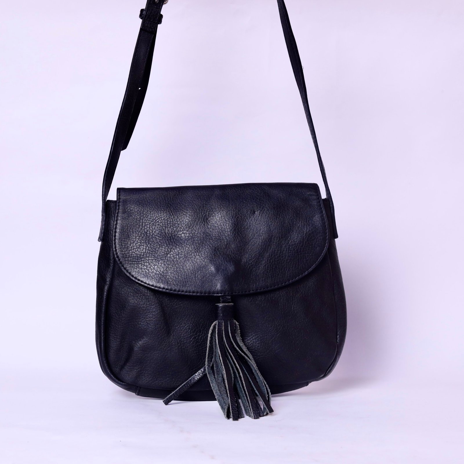 Black Leather Tassel Crossbody Bag