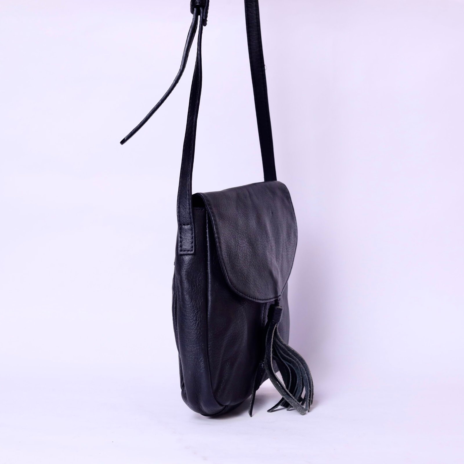 Black Leather Tassel Crossbody Bag - Image 2